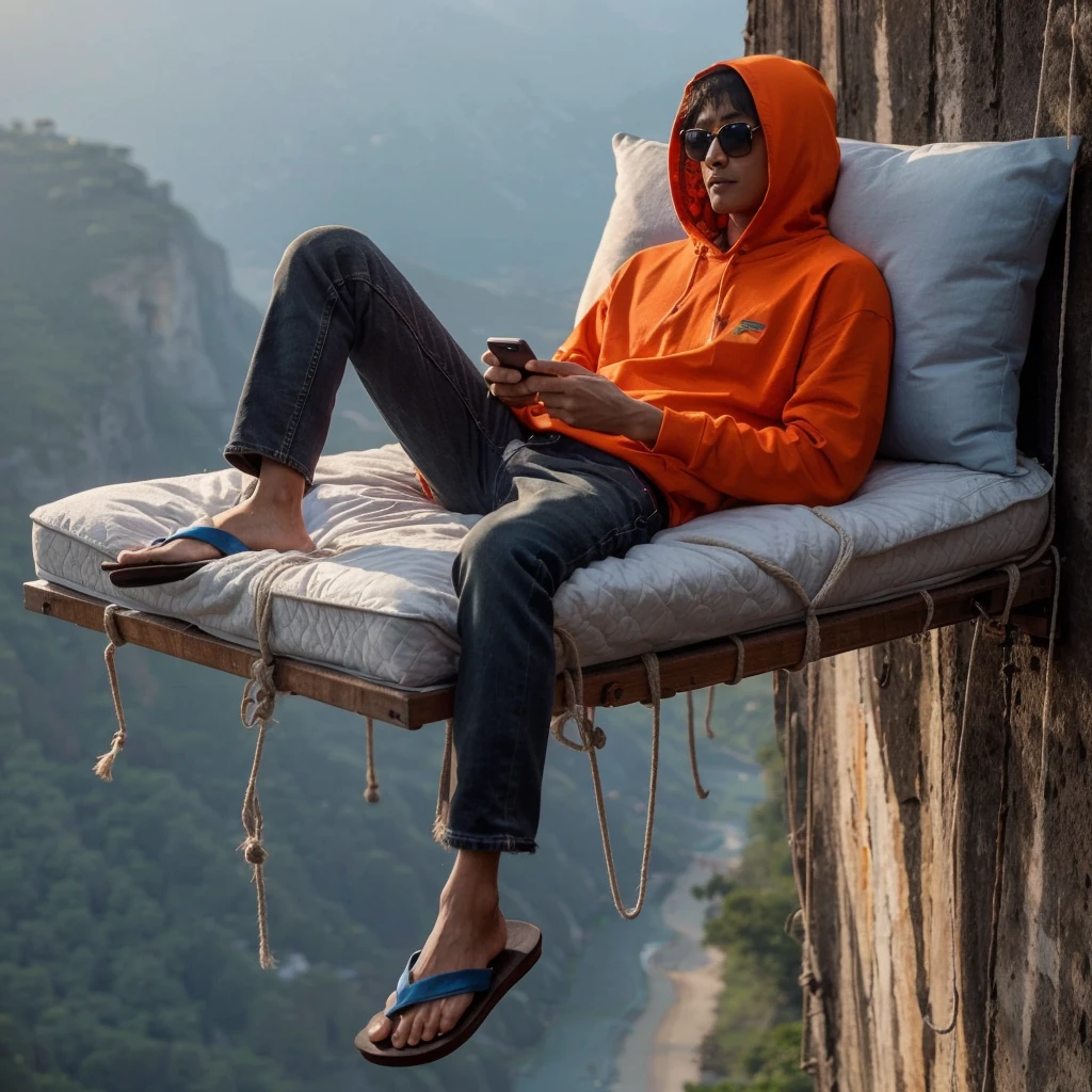 Realistic photo, looks like a 27 year old Indonesian man, thin body, very short hair, wearing an orange hoodie, wearing sunglasses, wearing long black jeans, wearing blue flip-flops, sitting on a mattress hanging over a cliff. the tall one, it looks like his bed is using a rope tied to a tree, it looks like he's playing a game on his smartphone 