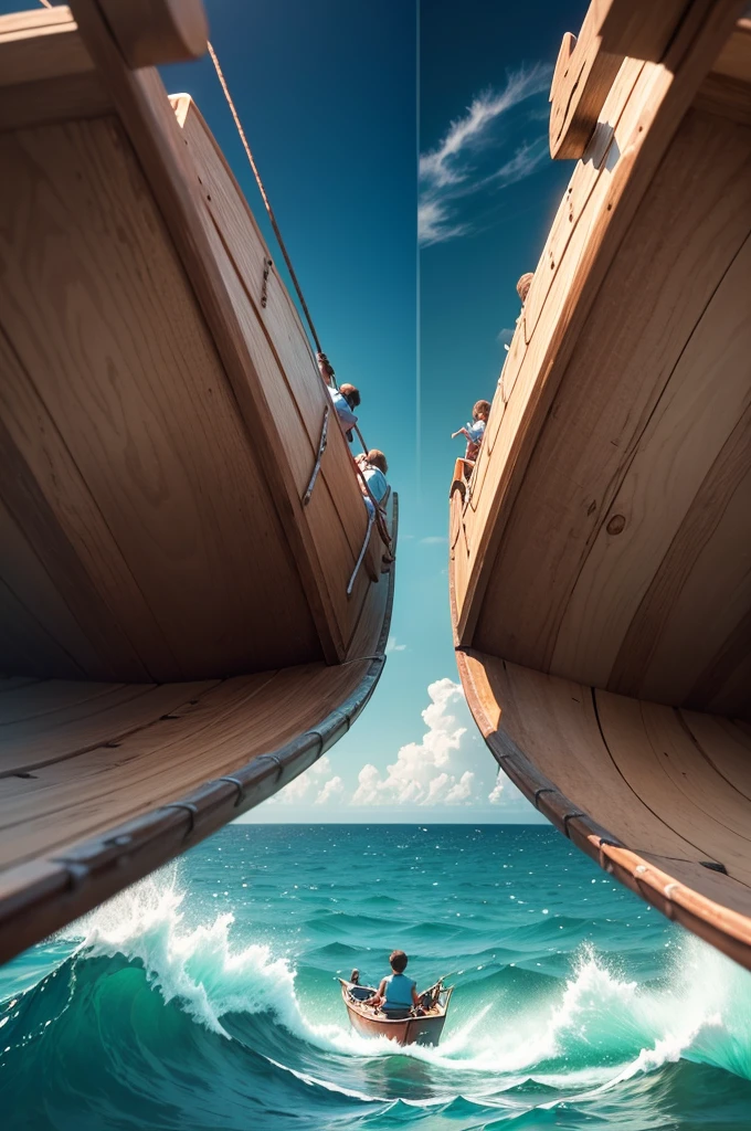 Two young children are sitting in a boat in the sea, conversing with each other. One of them is throwing a piece of iron and the other is throwing a piece of wood. They are walking in the boat in the middle of the sea and the boat is moving in the sea.
