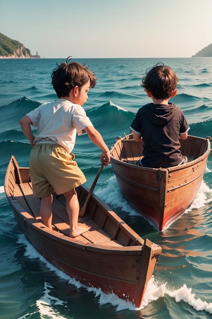 Two young children are sitting in a boat in the sea, conversing with each other. One of them is throwing a piece of iron and the other is throwing a piece of wood. They are walking in the boat in the middle of the sea and the boat is moving in the sea.