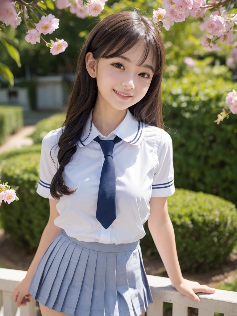 (1girl), kawaii, (round eyes:1.2), (highly detailed face and eyes), (big smile), (school uniform, pleated mini skirt:1.3), summer, (Best Quality:1.4), (Ultra-detailed), (extremely detailed CG unified 8k wallpaper), Highly detailed, High-definition raw color photos, Professional Photography, Realistic portrait, (Surrounded by lots of cute fresh flowers:1.3), focus on the girl, depth of fields, (fine face:1.2),