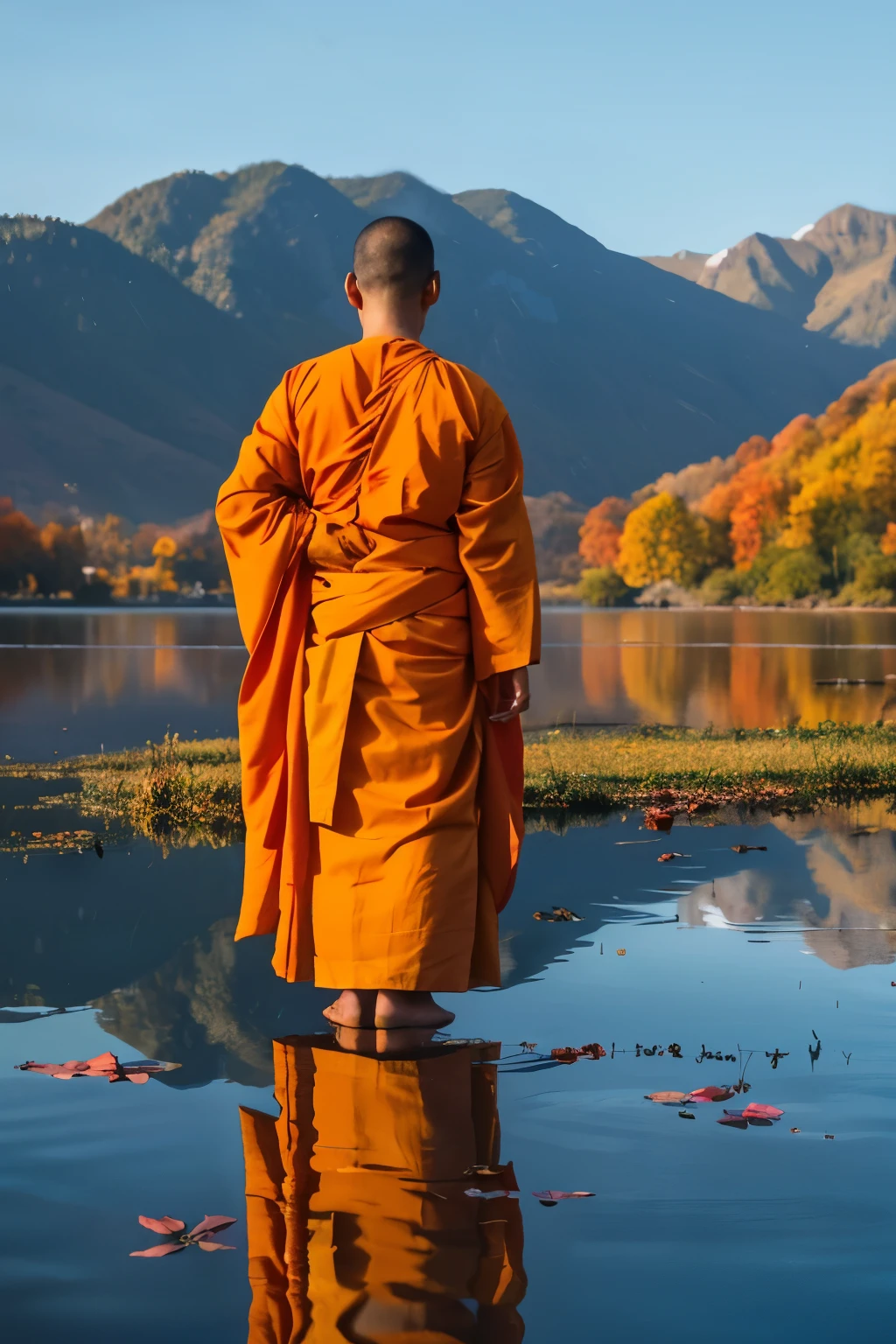 A contemplative Buddhist monk in orange robes standing at the edge of a serene lake, reflecting the majestic mountains in the background. The water is perfectly still, and colorful autumn leaves float gently on its surface. The monk's reflection is mirrored in the lake.