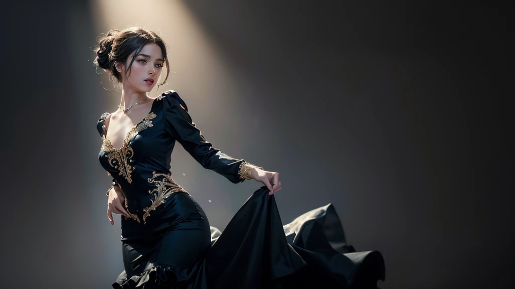 ((Parallel world:1.1)), (A Spanish person dancing flamenco in a flamenco costume), 2D Cinematic, Rebuttal on cgsociety,  Black Shadow, Streaming,  Spanish Background, Romanticism, Atmospheric, (RAW Photos, Highest quality), (Realistic, photo-Realistic:1.3), masterpiece, Very delicate and beautiful, Very detailed, 
Newspaper background, 