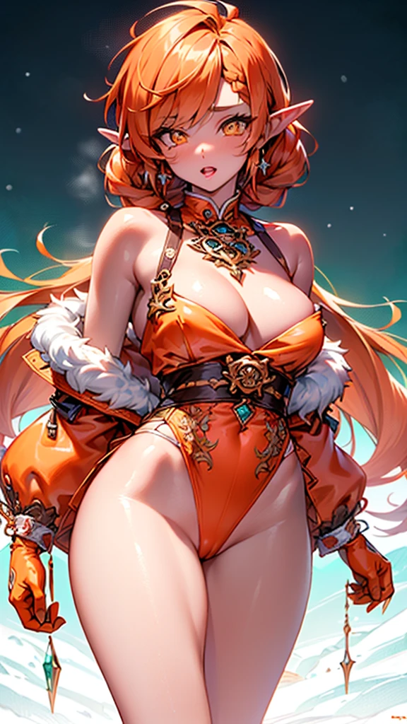 cute elf,(((little ,tiny little body,little))),((())),((anime elf with extremely cute and beautiful orange hair)), (((elf))), (((elf ears))),
(((flat chest))),((((orange hair:1.35,messy orange hair,long hair,huge braids,colored inner hair,ear breathing)))),(((orange_eyes:1.3))),intricate eyes,beautiful detailed eyes,symmetrical eyes,big eyes:1.5,(((lustrous skin:1.5,bright skin: 1.5,skin tanned,shiny skin,very shiny skin,shiny body,plastic glitter skin,exaggerated shiny skin,illuminated skin))),(detailed body,(detailed face)),
cute,slutty,erotic,daring,(((nsfw))),
zettai ryouiki,revealing clothing,show skin,(((Sexy orange coat, orange coat outfit, wearing a orange coat:1.3,orange winter coat))), ((orange mini-skirt,orange mini skirt with furry edge,visible thong straps)),(white gloves,orange clothes,semi-naked,with little orange clothing,((((furry edge clothing)))),(((intricate outfit,intricate clothes,embroidered outfit,ornate outfit))),
(dynamic pose:1.0),embarrassed,(centered,scale to fit dimensions,Rule of thirds),
((snowy pine forest at night)),with dark stormy clouds,winter,scenery:1.25,((snow forest background)),Christmas tree,
highres,sharp focus,(ultra detailed,extremely detailed),(photorealistic artwork:1.37),(extremely detailed CG unity 8k wallpaper),(((vibrant colors,vibrant theme))),(intricate),(masterpiece),(best quality),