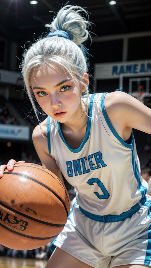 Female teenager with white hair up blue eyes and white skin playing basketball