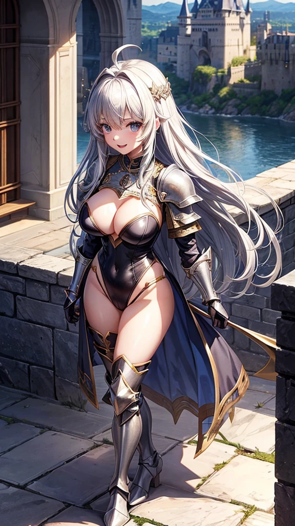 Woman knight、a beauty girl、huge tit、Excellent style、Nice Buddy、glamorous、leotard、s Armor、Bra chest armor、knee boots、gauntlets、hair adornments、silber hair、Longhaire、Ahoge、a medieval castle、is standing、full body seen、Outside the castle、natta、a smile、slightly open mouth