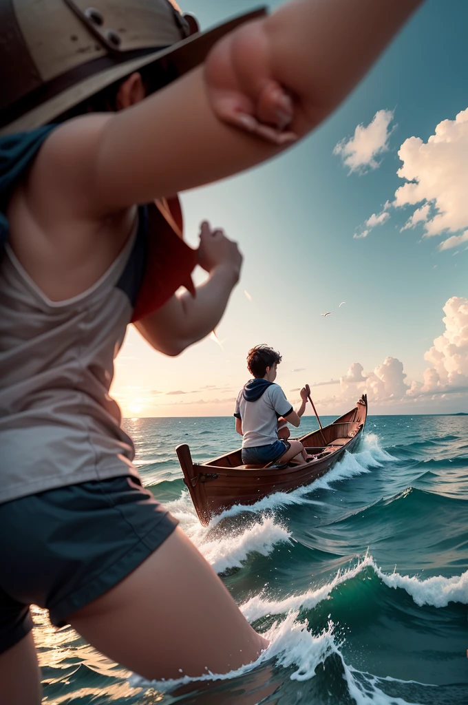 Two are sitting in a boat in the sea, conversing with each other. One of them is throwing a piece of iron and the other is throwing a piece of wood. They are walking in the boat in the middle of the sea and the boat is moving in the sea.