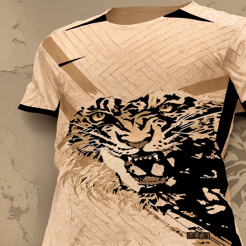 there is a shirt with a lion, inspired by Edo Murtic, inspired by Sava Šumanović, Inspired by Kinichiro Ishikawa, inspirado em Oswaldo Viteri, shirt design, inspired by Ivan Meštrović, inspired by Mirko Rački, inspired by Kanō Hōgai