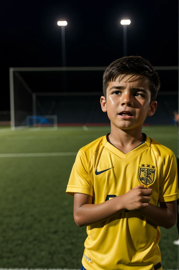 A boy on a soccer field crying with semi-off lights and a yellow shirt