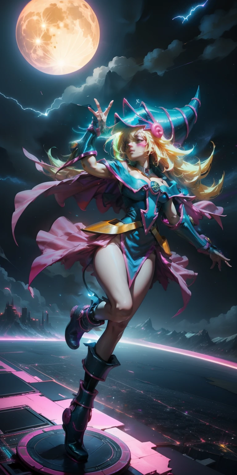 Beautiful woman dark magician girl ( neon cyberpunk ), The neon sings, neon lighting, RTX dark magician girl lighting up flying in the air. Above the city at midnight. full moon. skies of stars. Dark wizard flying