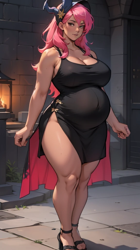 older woman in her 30s, with pink hair and a tall, curvy body, breasts big, in this, (work of art, best qualityer:1.2) wearing the legendary great black dress of the mystical sorceress, Big witch hat, pregnant, standing alone, alone, pink massive hair
