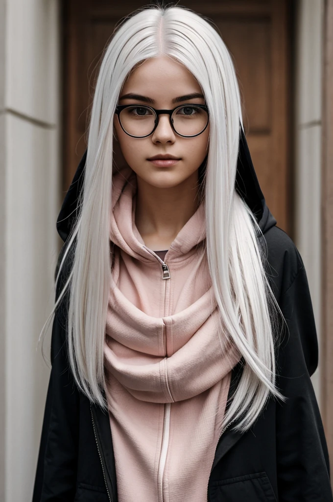 Young woman with white hair and pink skin and drooping or hooded eyelids, with glasses. wearing a chestnut brown haircut, that he hides his round features and is dressed in total black and nothing is covering his head