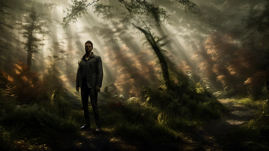 (1man), Gorgeous and fantastic Drums portrait in fantasy forest, Printing possible, 8K, (smoother lighting:1.05), (increase cinematic lighting quality:0.9), (detailed forest: 1.4), (bloom:1.1), looking down to viewer, deep eyes, glare eyes,