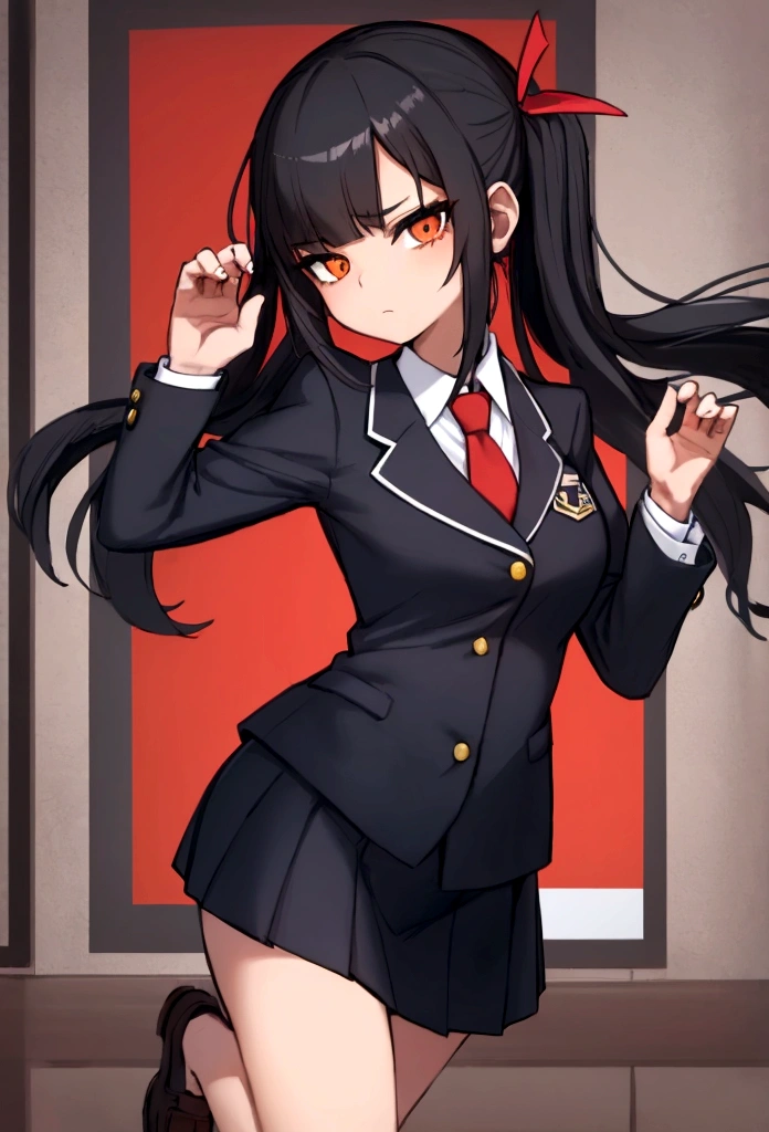 Close-cropped bangs, long sideburns, long straight black hair, female student, navy blazer, white shirt, red ribbon tie, checked miniskirt, Raise foot high , high-kick, shout