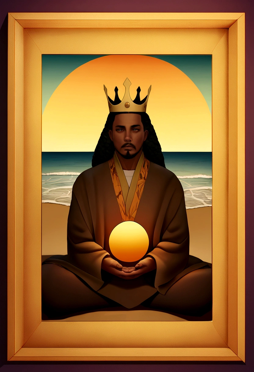 an African king with his crown, mature man enveloped by the power of fire, carrying an axe in his hand, sitting in a meditation position, in front of a beautiful horizon, with the sun setting, in connection with your ancestors, portrait photo, Directed by: Drew Tucker, Directed by: Adam Marczyński, Directed by: Alexandre Kucharsky, Directed by: Gavin Nolan, surrealism 8k, Directed by: Jason Felix, Yuri Shwedoff e Tom Bagshaw, illustrative art, erik johansson style