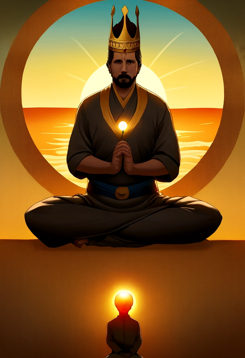 an African king with his crown, mature man enveloped by the power of fire, carrying an axe in his hand, sitting in a meditation position, in front of a beautiful horizon, with the sun setting, in connection with your ancestors, portrait photo, Directed by: Drew Tucker, Directed by: Adam Marczyński, Directed by: Alexandre Kucharsky, Directed by: Gavin Nolan, surrealism 8k, Directed by: Jason Felix, Yuri Shwedoff e Tom Bagshaw, illustrative art, erik johansson style