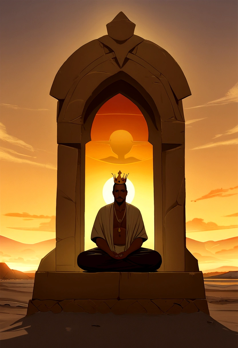 an African king with his crown, mature man enveloped by the power of fire, carrying an axe in his hand, sitting in a meditation position, in front of a beautiful horizon, with the sun setting, in connection with your ancestors, portrait photo, Directed by: Drew Tucker, Directed by: Adam Marczyński, Directed by: Alexandre Kucharsky, Directed by: Gavin Nolan, surrealism 8k, Directed by: Jason Felix, Yuri Shwedoff e Tom Bagshaw, illustrative art, erik johansson style