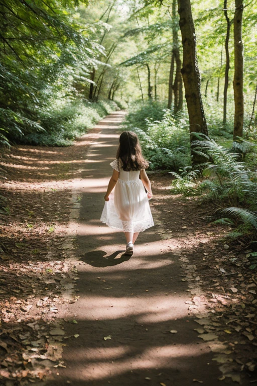 Photography, masterpiece, High resolution, Realistic image, 6 year old preschool girl, with a transparent white lace mini dress, walking through a forest, on a path,