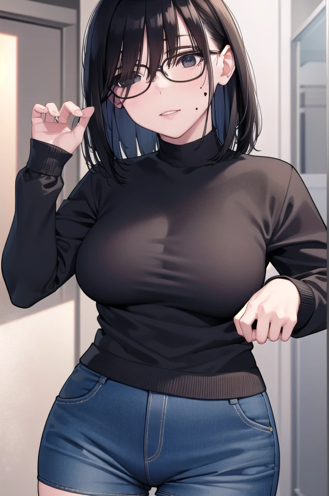 kasumimiyoshi, kasumi miyoshi, bangs, black hair, hair between eyes, (black eyes:1.5), medium hair, mole, black-framed eyewear, plump,
BREAK turtleneck, long sleeves, shorts,
BREAK indoors,
BREAK looking at viewer, (cowboy shot:1.5),
BREAK (masterpiece:1.2), best quality, high resolution, unity 8k wallpaper, (illustration:0.8), (beautiful detailed eyes:1.6), extremely detailed face, perfect lighting, extremely detailed CG, (perfect hands, perfect anatomy),