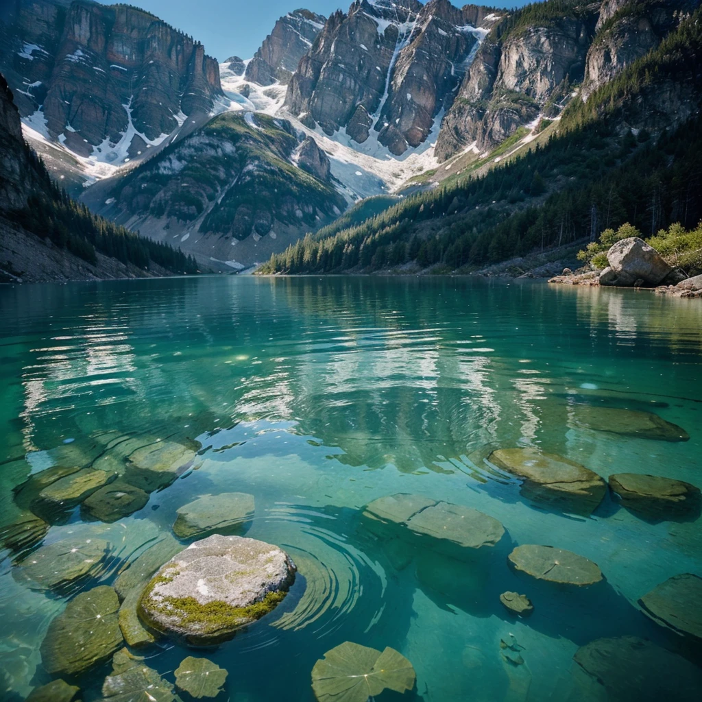 Crystal-clear mountain springs, glistening with pristine purity and in the water is a big rave party with 100 people who dancing to the music, captivating all who behold them. This breathtaking photograph captures the serenity of nature, showcasing the crystal-clear waters amidst towering peaks, a visual masterpiece that evokes a sense of tranquility and awe. The image's impeccable clarity and vibrant hues transport the viewer to a realm of sublime beauty, where the melody of trickling water and the freshness of the mountain air converge.