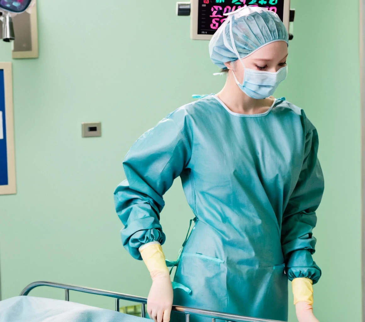 score_9, score_8_up, score_7_up, masterpiece, highest quality, can see the whole body, pale skin, shy eyes, cover the ears, big breasts, surgical mask, surgical cap, long sleeve surgical gown,
1 girl, solo, rubber gloves, frown, standing, in one hospital, hospital bed,