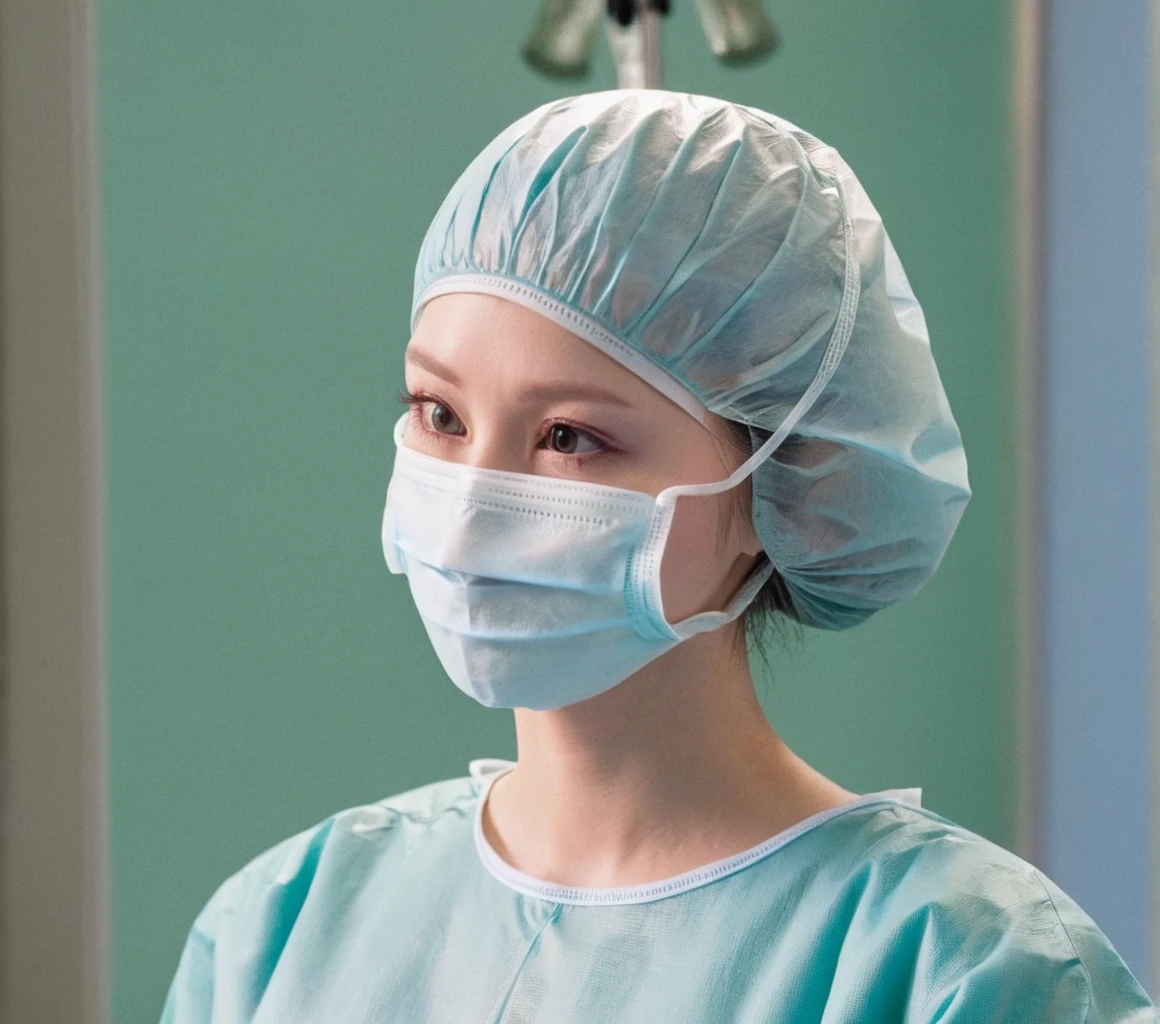 score_9,  score_8_up, score_7_up, masterpiece, highest quality, can see the whole body, pale skin, shy eyes, cover the ears, big breasts, surgical mask, surgical cap, long sleeve surgical gown,
1 girl, solo, rubber gloves, frown,  standing, in one hospital, hospital bed, 