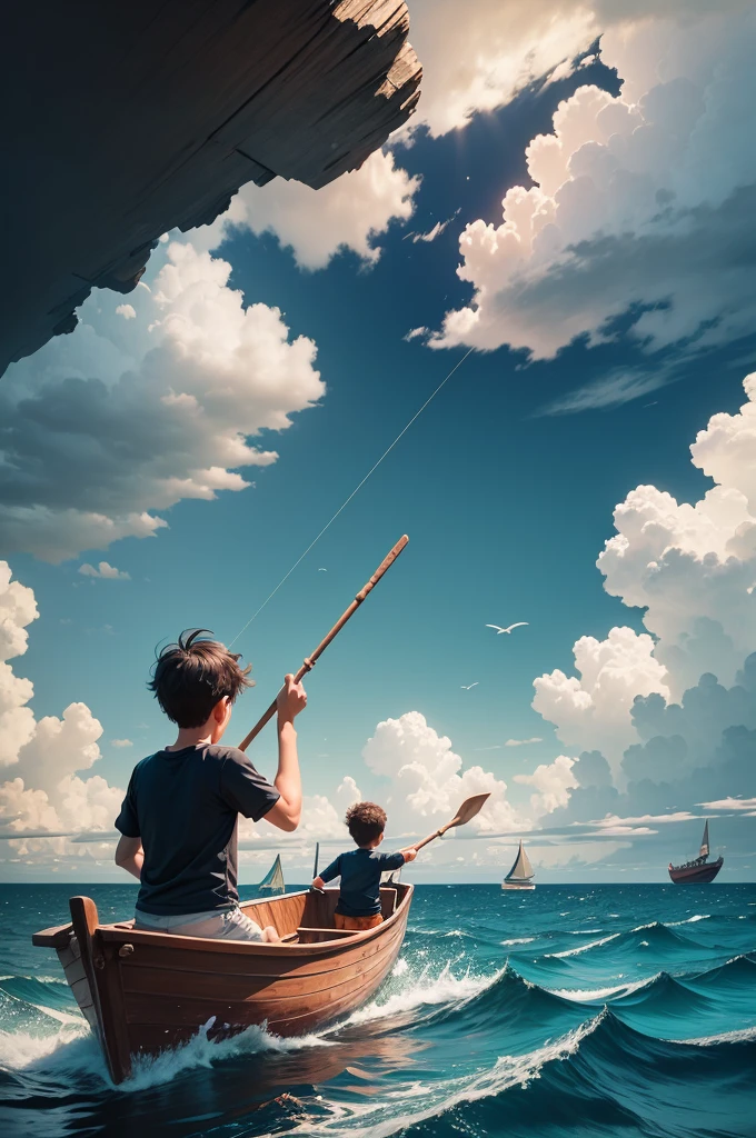 Two young children are sitting in a boat in the sea, conversing with each other. One of them is throwing a piece of iron and the other is throwing a piece of wood. They are walking in the boat in the middle of the sea and the boat is moving in the sea.