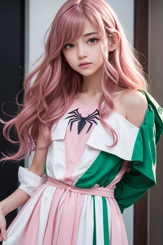 de 18 anos, shoulder length wavy hair, small pink streaks at the ends of the hair, eyes browns, dressed in the spider-man costume in white with green and pink details.