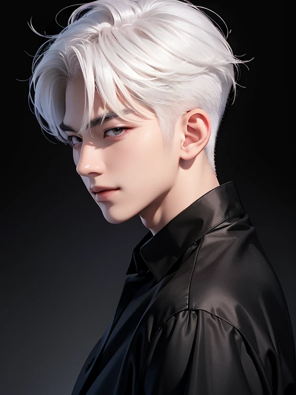 handsome korean boy, white hair, arrogant smile, fair skin, black shirt, black wallpaper, portrait angle, soft face, pink blush, lower angle