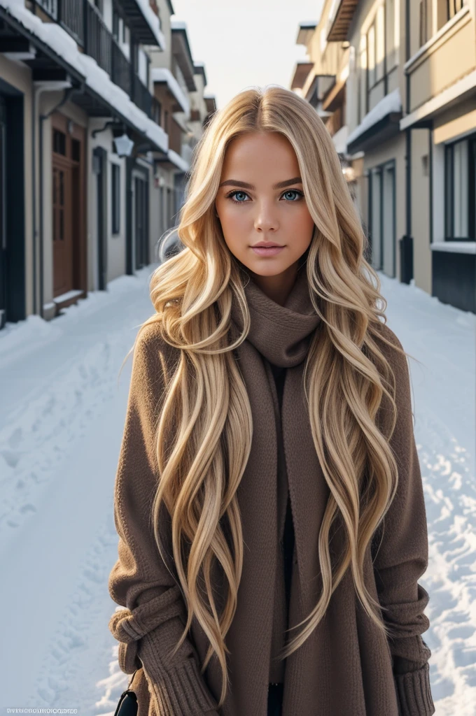 proFessional portrait photograph oF a gorgeous Norwegian girl in winter clothing with long wavy blonde hair, sultry Flirty look, gorgeous symmetrical Face, lindo maquillaje natural, wearing elegant warm winter Fashion clothing, ((parado afuera en una calle nevada de la ciudad)), impresionante entorno urbano moderno, ultra realista, arte conceptual, elegant, muy detallado, Intrincado, sharp Focus, depth oF Field, F/1. 8, 85mm, Tiro medio, plano medio, (((proFessionally color graded))), bright soFt diFFused light, (volumetric Fog), tendencia en instagram, hdr 4k, 8k
