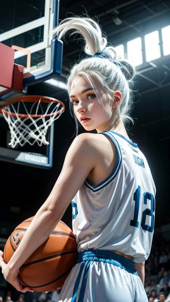 Female teenager with white hair up, blue eyes and white skin doing a dunk with one hand in basketball