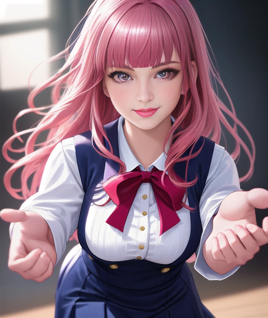 1girl, red hair girl, long hair,blunt bangs, red eyes, smiling, reaching out hand, white blouse, purple vest, navy blue skirt, detailed eyes, detailed lips, photorealistic, highly detailed, intricate details, studio lighting, beautiful colors, warm lighting, dynamic pose, cinematic, elegant, graceful, pink hair ribbon