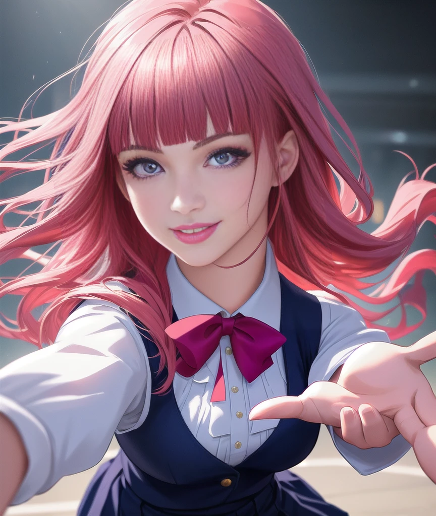 1girl, red hair girl, long hair,blunt bangs, red eyes, smiling, reaching out hand, white blouse, purple vest, navy blue skirt, detailed eyes, detailed lips, photorealistic, highly detailed, intricate details, studio lighting, beautiful colors, warm lighting, dynamic pose, cinematic, elegant, graceful, pink hair ribbon