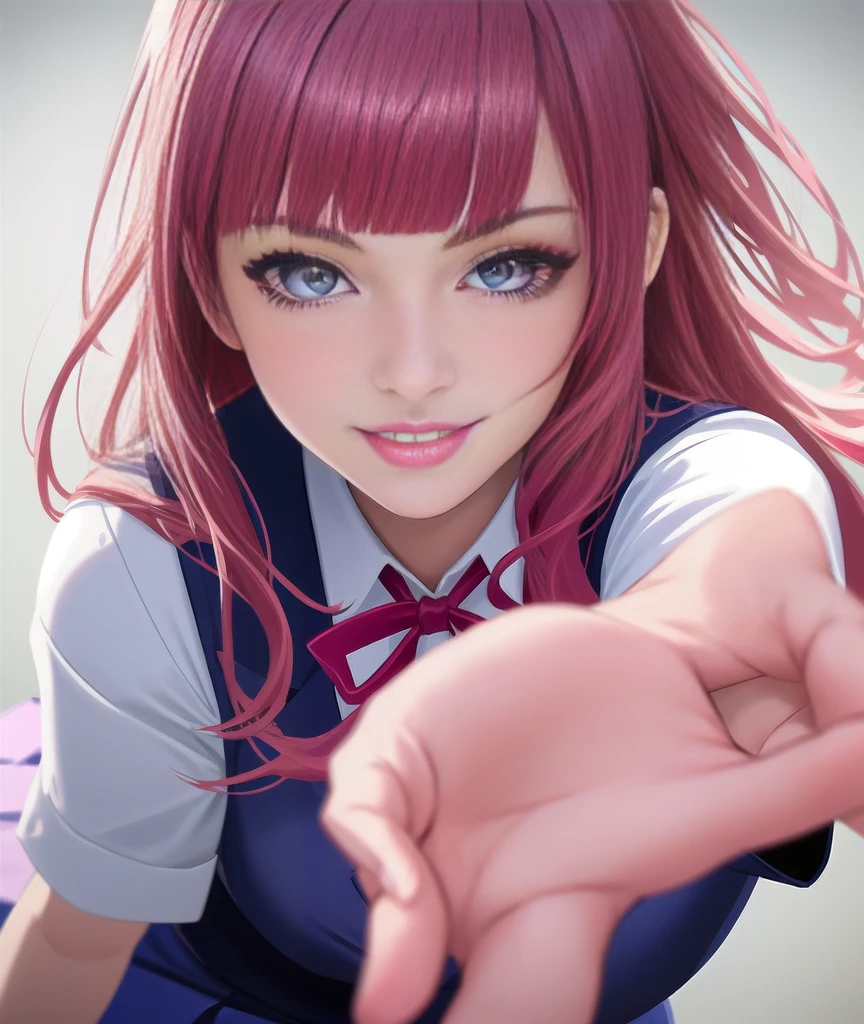 1girl, red hair girl, long hair,blunt bangs, red eyes, smiling, reaching out hand, white blouse, purple vest, navy blue skirt, detailed eyes, detailed lips, photorealistic, highly detailed, intricate details, studio lighting, beautiful colors, warm lighting, dynamic pose, cinematic, elegant, graceful, pink hair ribbon