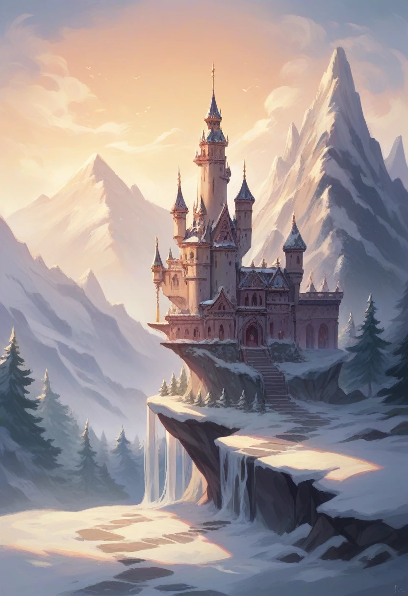 ((masterpiece)),Highest quality,Girl full body view, One beautiful girl,Smiling face , Snowy Mountain Castle, Beautifully detailed and distinctive eyes, Beautiful detailed hair,