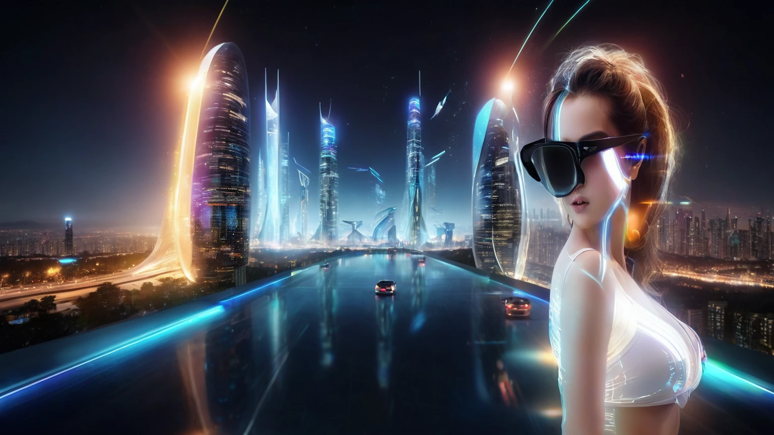 A girl with light blue bobbed hair swimming from left to right across the screen. She is wearing a sailor , and her whole body is visible. The scene depicts Tokyo submerged underwater, with sea creatures swimming alongside her. The city lights cast a beautiful glow through the water, creating an enchanting and surreal atmosphere. Skyscrapers and iconic Tokyo landmarks can be seen in the background, partially covered by coral and marine life. The girl appears joyful and carefree as she glides through the underwater cityscape, surrounded by colorful tropical fish and other sea creatures.