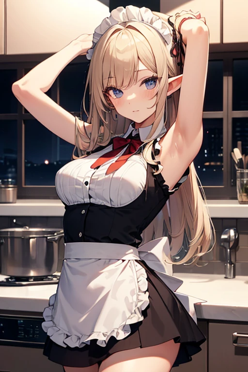 A maid, (in kitchen), various hair styles, night, details face, short skirt, seducing, sleeveless, maid uniform, armpits, elf