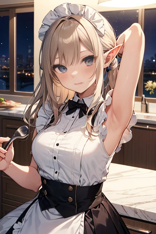 A maid, (in kitchen), various hair styles, night, details face, short skirt, seducing, sleeveless, maid uniform, armpits, elf