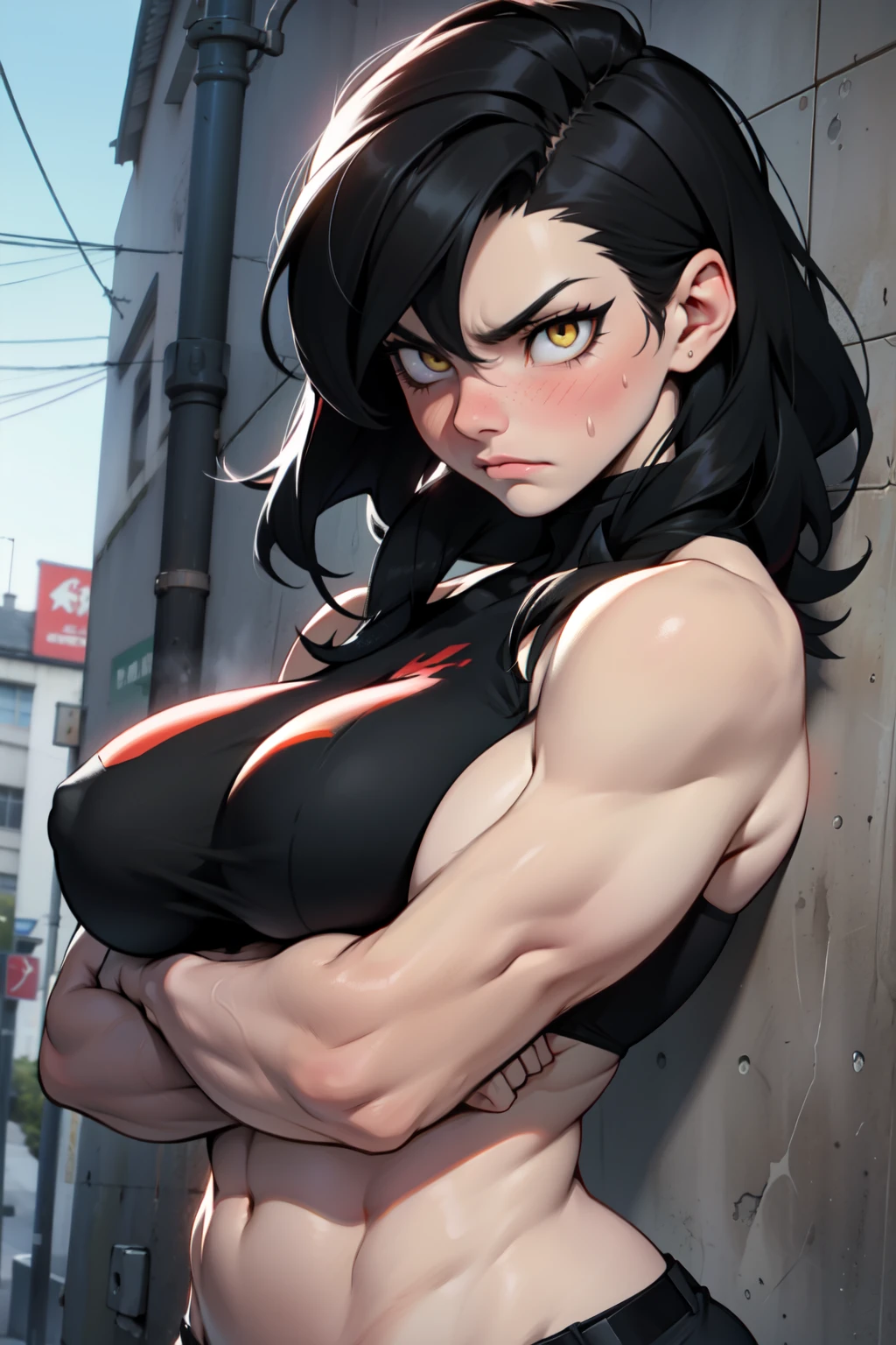 sad girl muscular girl pale skin black hair yellow eyes pale skin muscular girl sad massive breasts angry blush