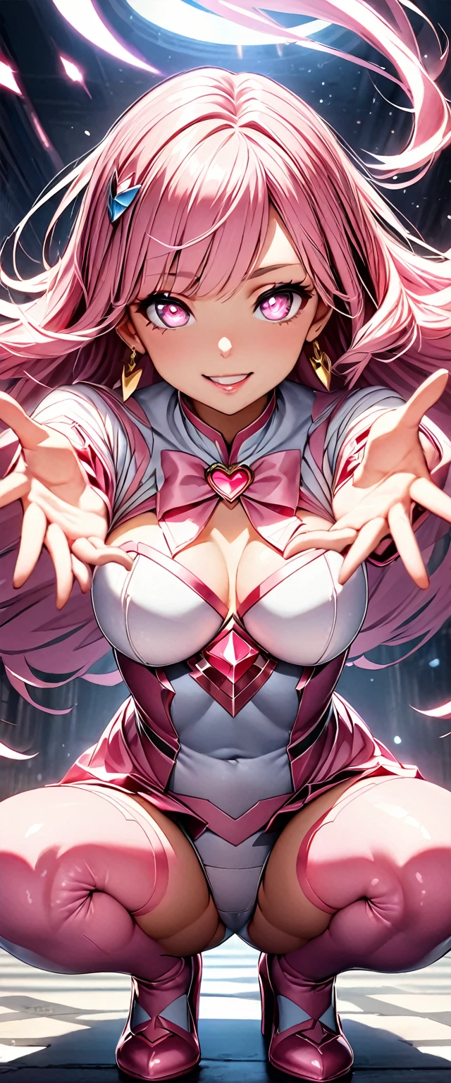 (Perfect Anatomy)、Mastepiece、Ultra High Quality、 8K、masterpiece、Highest quality、Ultra-high resolution、Maximum resolution、Very detailed、Professional Lighting、anime、woman、thin、so beautiful、Highly detailed eye、Highly detailed face、Golden earrings、Pink Hair,、Pink eyes、Mid-chest, pink lips, upper arm pink armor, white leotard, pink pattern, full body, magical girl, Angel Girl, Are standing, pink thigh high stockings, white super long boots, pink gauntlet, high heels, hime cut, bridal hair accessory, glowing eyes, eon, squatting, ((outstretched hand)), happy, (((5 fingers)))