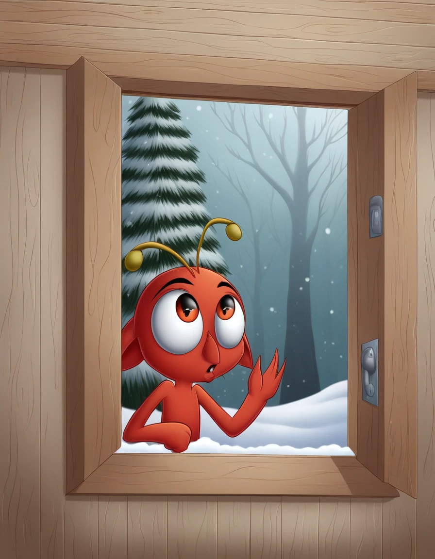 a grasshopper, imp portrait, large soft round expressive eyes, sharp focus, centered composition, complex atmospheric background, animal. knocking on a door to enter. forest background with snow. grasshopper covered in snow and feeling very cold