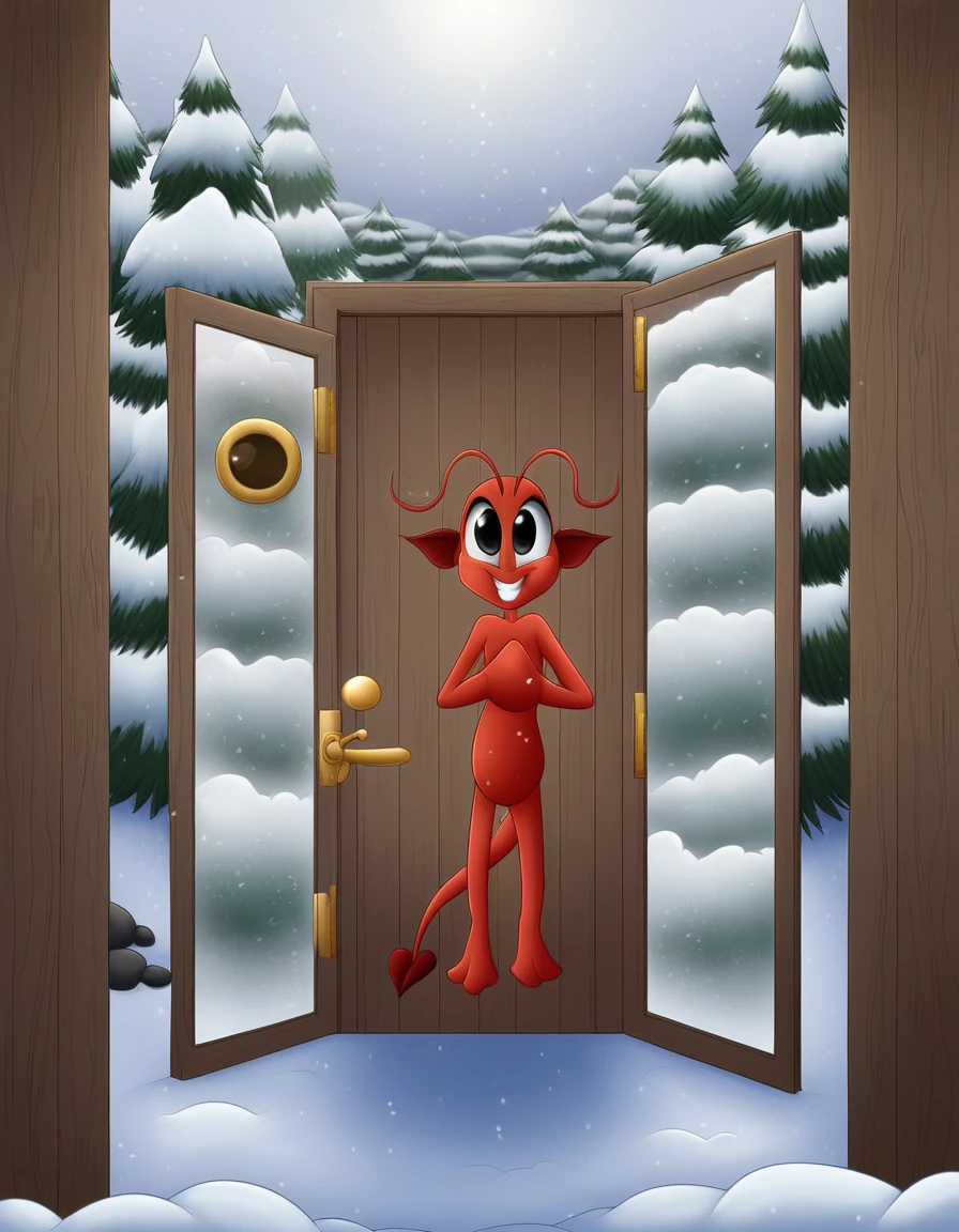 a grasshopper, imp portrait, large soft round expressive eyes, sharp focus, centered composition, complex atmospheric background, animal. knocking on a door to enter. forest background with snow. grasshopper covered in snow and feeling very cold