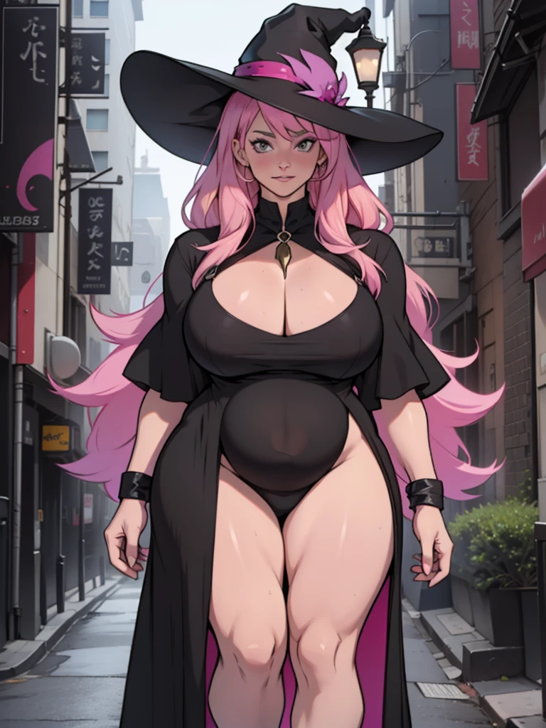 older woman in her 30s, with pink hair and a tall, curvy body, breasts big, in this, (work of art, best qualityer:1.2) wearing the legendary great black dress of the mystical sorceress, Big witch hat, pregnant, standing alone, alone, pink massive hair