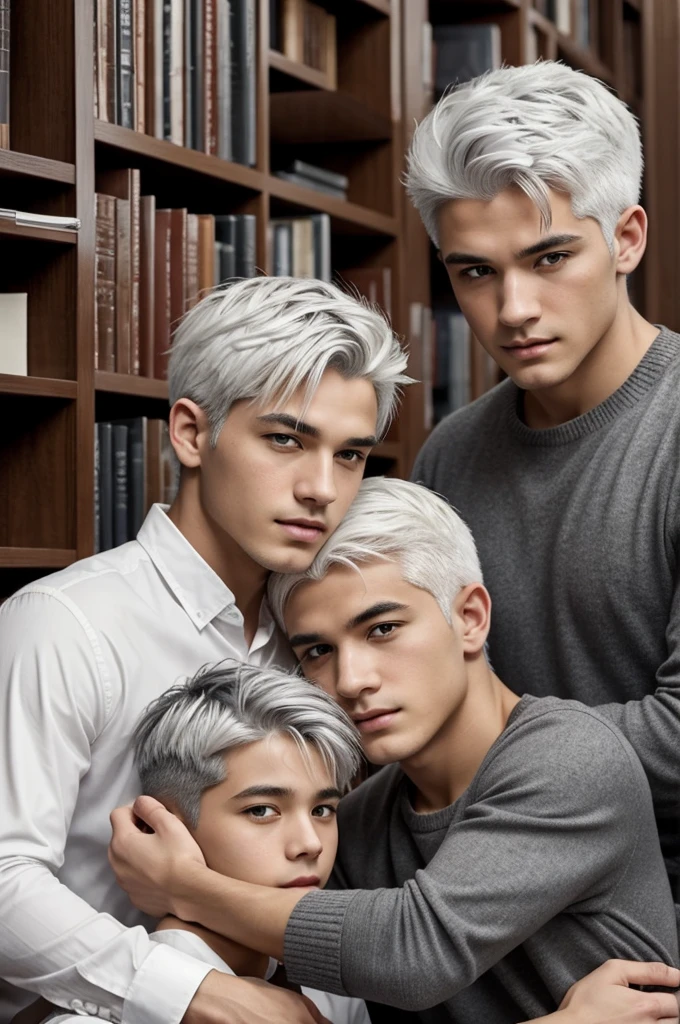 Generate an image for me where there are two boys, one with short white hair, gray eyes, stocky and the other with half black and white hair that looks more delicate and soft. Both boys find themselves in a library in which the white-haired one, Kenji, is cornering the half-black and white-haired one, Kurei, the white-haired man with gray eyes takes Kurei by the chin and their lips are dangerously close.