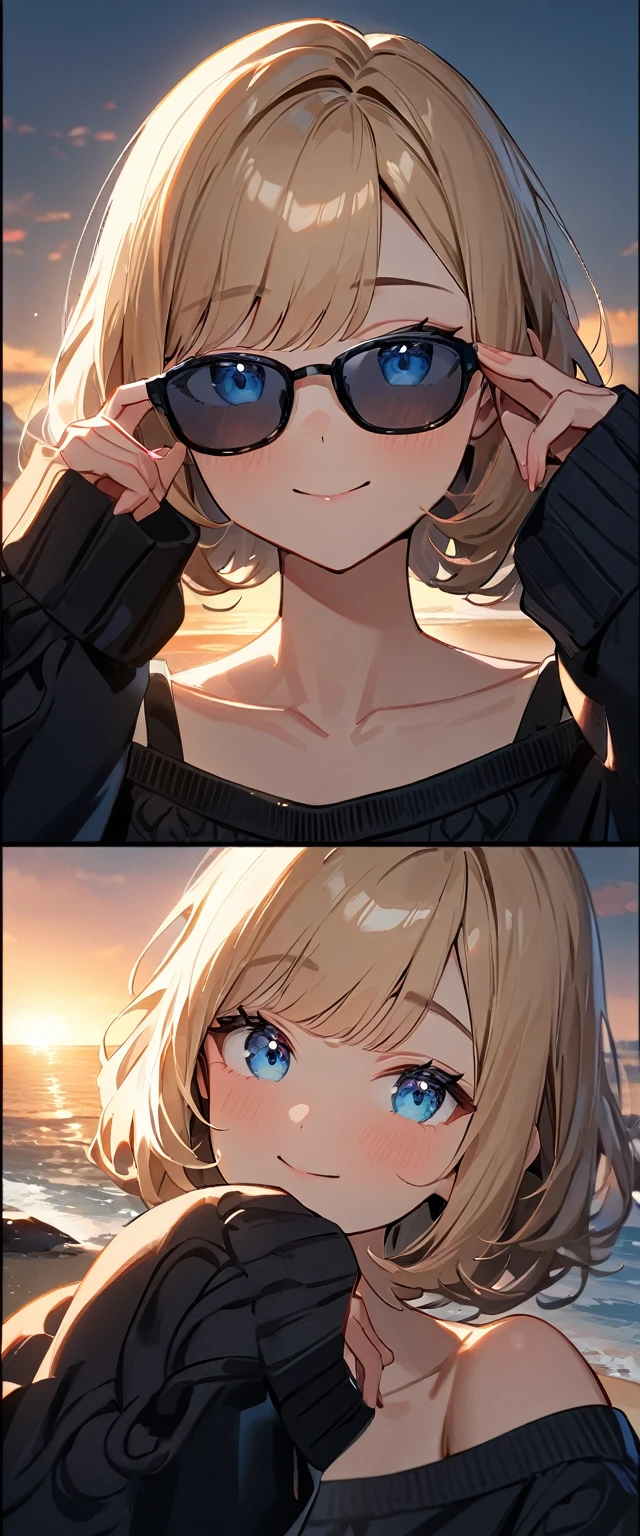 (((One girl))), (((portrait, face))), ((outward curled hair)), from side:1.3, sea, beach, Sunset, evening, ((Sitting on a cliff)), head tilt:1.3, ((aran sweater)), wavy hair, blond hair, ((sunglasses, hand to sunglasses)), (bob cut:1.3)), breasts, standard body, (looking at viewer), oversized clothes, puffy long sleeves, collarbone, ((off-shoulder sweater dress:1.3, Quite thick shoulder straps)), (((sleeves past wrists:1.3))), ((black sweater)), teenager, head tilt:1.3, (((blue eye))), ((happy smile)), (((anime style))), (best quality, 4K, 8K, highres, masterpiece:1.2, ultra-detailed, ultra-detailed eyes, HDR, uhd, studio lighting, ultra-fine painting, sharp focus, physically-based rendering, extreme detail description, professional, vivid colors, bokeh), ((Highest quality, Best image quality, Ultra-high resolution, Ultra-high resolution, solo, Strong eye highlights)), Depth of written boundary, Natural soft light, attractive, Beautiful Face, Cleanliness, Pure Face, Nedium chest, Beautiful Face, Perfect Fingers, Perfect hands, Perfect body, Perfect Face, Shine a light into your eyes, Perfect Anatomy