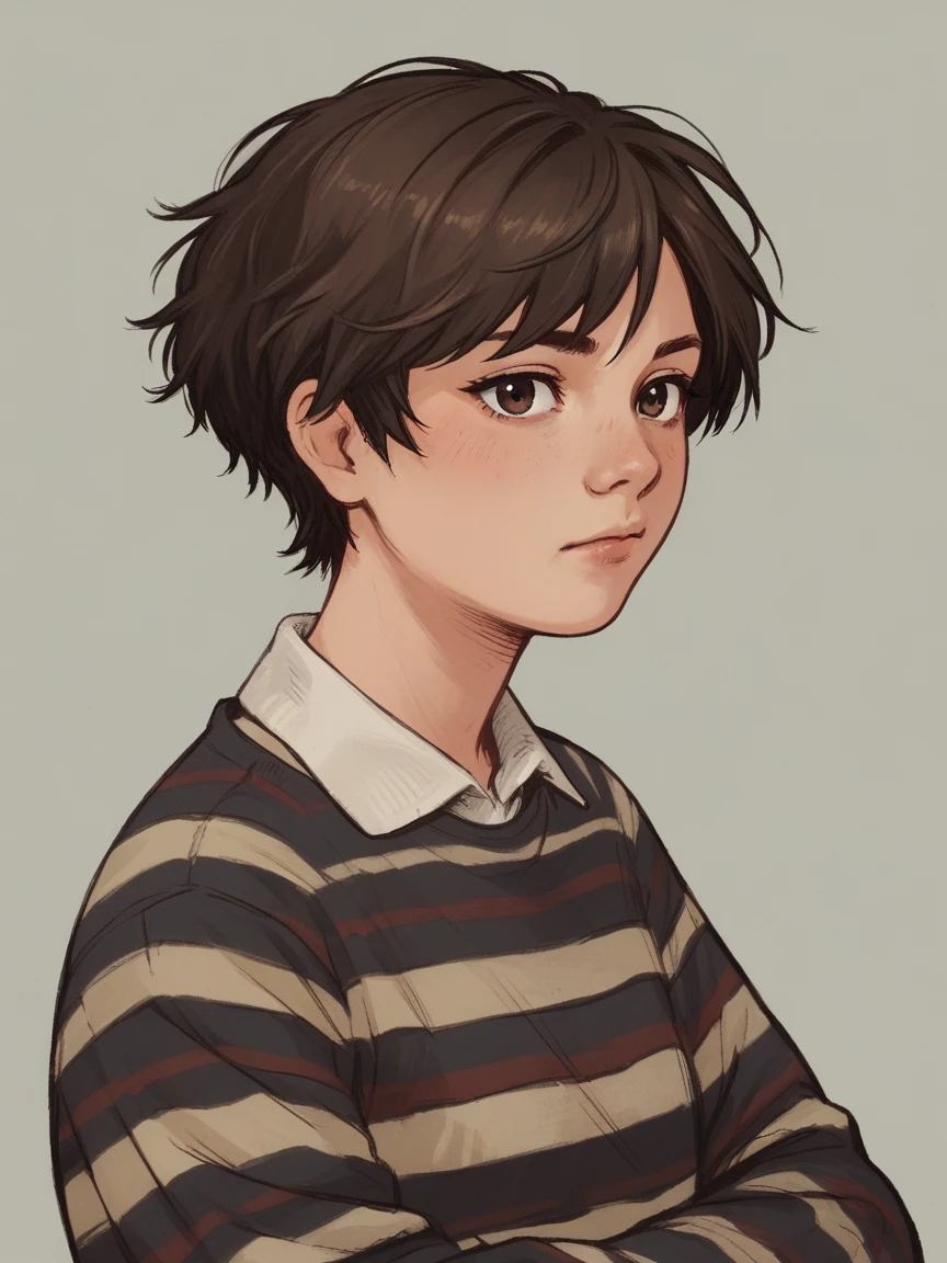 score_9, score_8_up, score_7_up, score_6_up, score_5_up, score_4_up, wh33z13, 1girl, Brown short hair, striped sweater, dark Brown eyes, classes