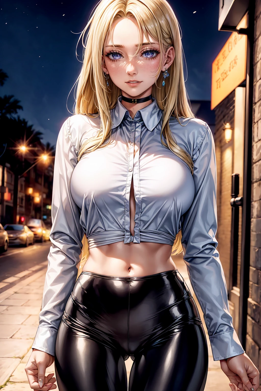 (strong and bright eyes)beautiful, beautiful woman, perfect anatomy, perfect body, perfect breasts, choker:1.6, captivating look, slight smile, realism, Masterpiece, Rough skin , super detailed, high detail, high quality, 最high quality, 1080P, 16k, realist, 1 girl, (ash blonde hair, Waist length hair), crop top, shiny black leggings, chapped lips, blush, street, evening, (White long sleeve collar shirt:1.4), shy,