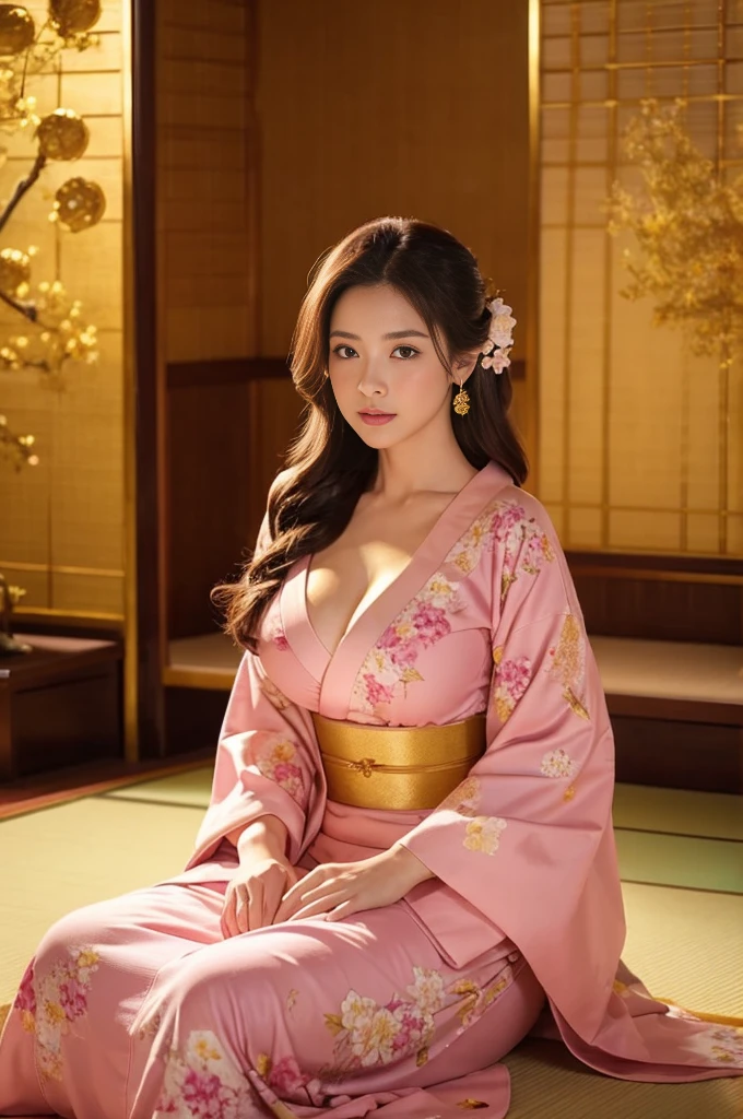 masterpiece, Highest quality,Large Breasts、pink kimono、Cinematic atmosphere、Professional composition、Natural Body、fantasy,sitting in front of a golden screen、flower arrangement、tatami、looking at the camera、real、nature