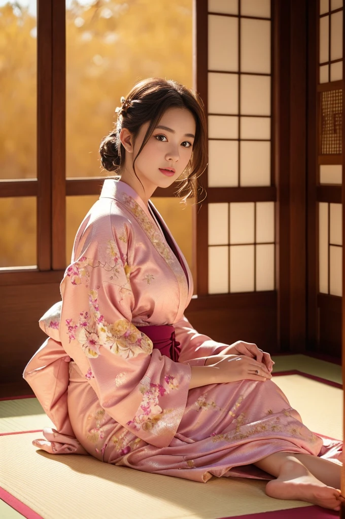 masterpiece, Highest quality,Large Breasts、pink kimono、Cinematic atmosphere、Professional composition、Natural Body、fantasy,sitting in front of a golden screen、flower arrangement、tatami、looking at the camera、real、nature