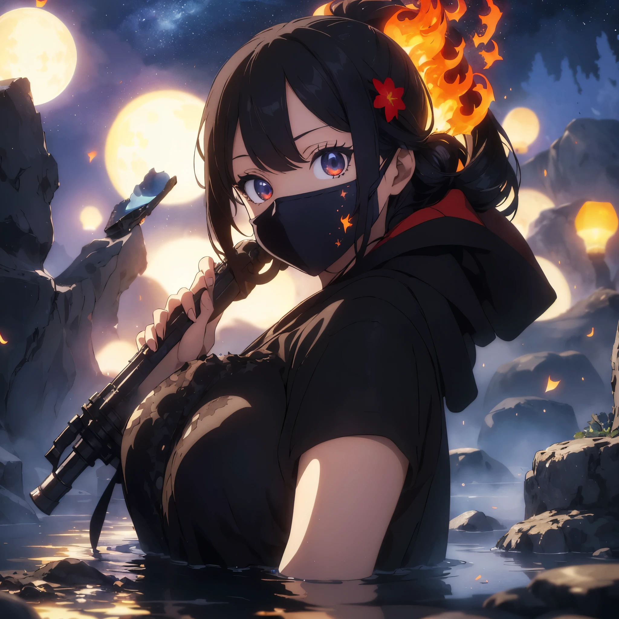 ((best quality)), ((masterpiece)), (detailed),score_9, score_8_up, score_8_up, 1girl, depth of field, raw, intimate shot, (goth girl, face mask, ski mask, close jacket, off the shoulder, cute, ((glowing particles, flames)), large perfect breasts, (holding a weapon), hold a weapon, gun, gamer, AK12, dark fantasy, evil presence, swirling energy, detailed background, dramatic lighting, highly detailed and hyper realistic photo,hot spring, mist, rocks, cherry blossoms, glittery mist, moonlight, sky, lots of stars in the sky, water reflections of the night sky, floating lanterns a above the water, flower petals in the water, moon in the sky, Anime art style, worldofmist,
