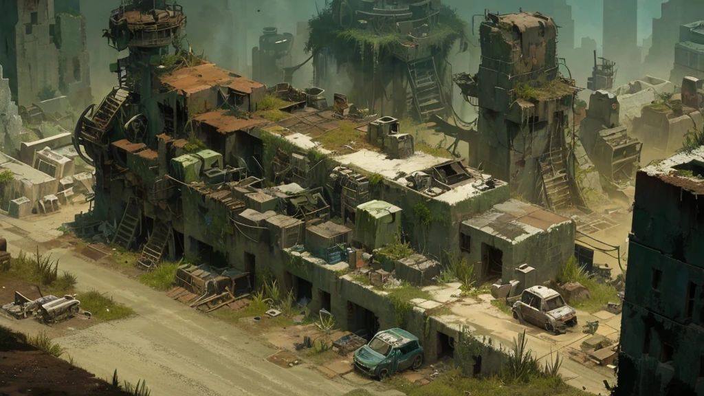 a desolate abandoned cosmodrome, crumbling concrete structures, rusted metal, overgrown vegetation, atmospheric lighting, moody tones, cinematic composition, dramatic shadows, abandoned vehicles, decaying remnants of space exploration, sense of isolation and decay, highly detailed, photorealistic, 8k, masterpiece, isometric